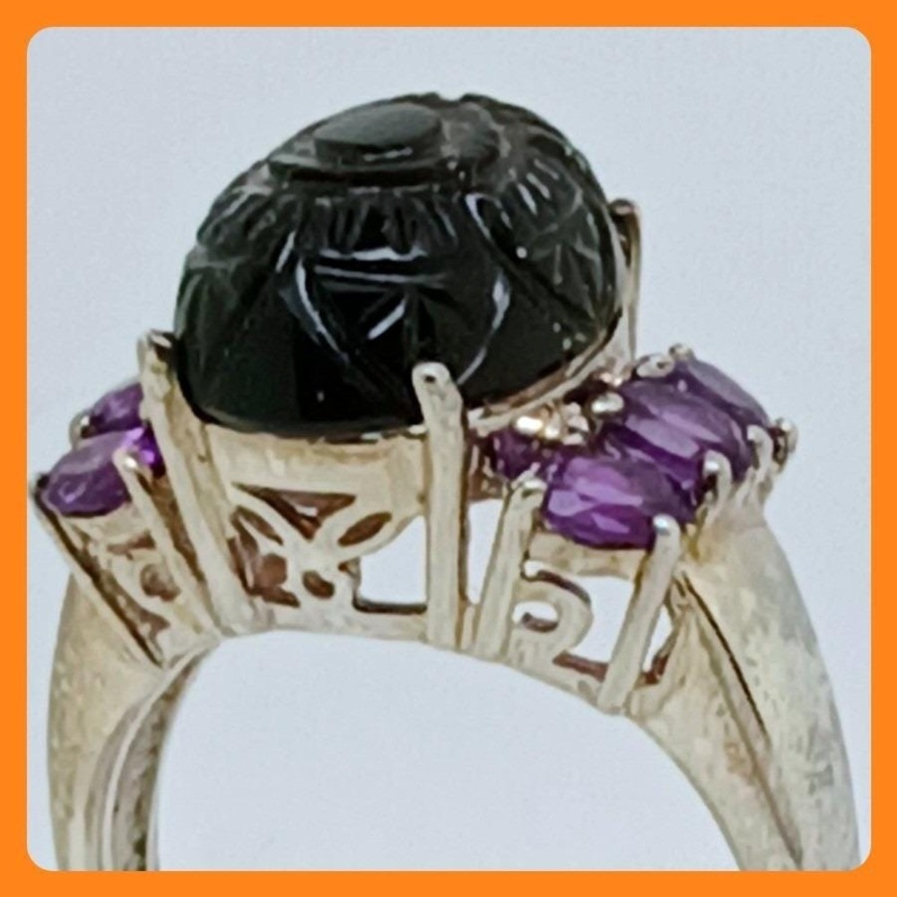 Vintage 1990s Thailand CBS‎ 925 Sterling Silver Carved Onyx Amethyst Ring Size 8